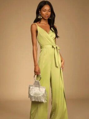 Lulus Chartreuse Satin Surplice Wide-Leg Jumpsuit | Size S
